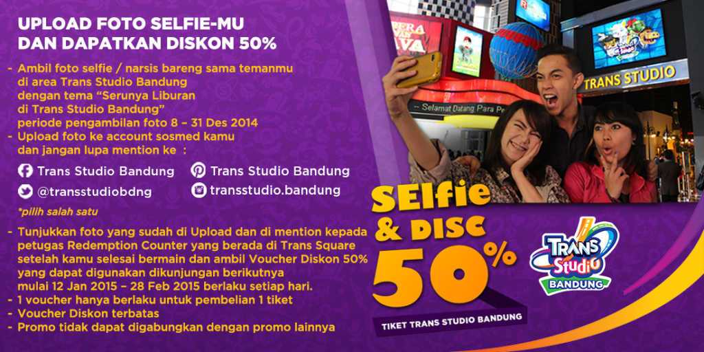 Promo Trans Studio Bandung diskon 50% Upload foto selfie kamu