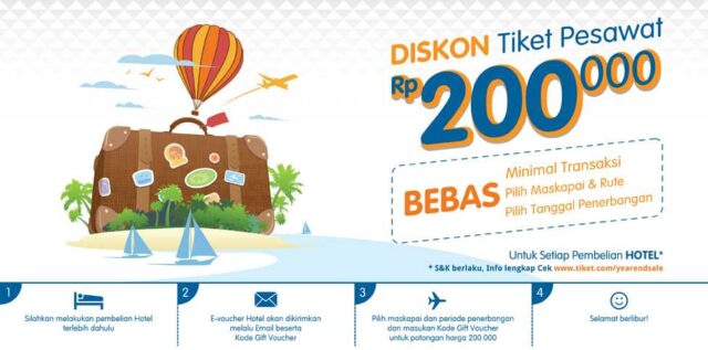 Nikmati diskon tiket pesawat Rp 200.000 dengan melakukan pemebelian hotel di tiket.com