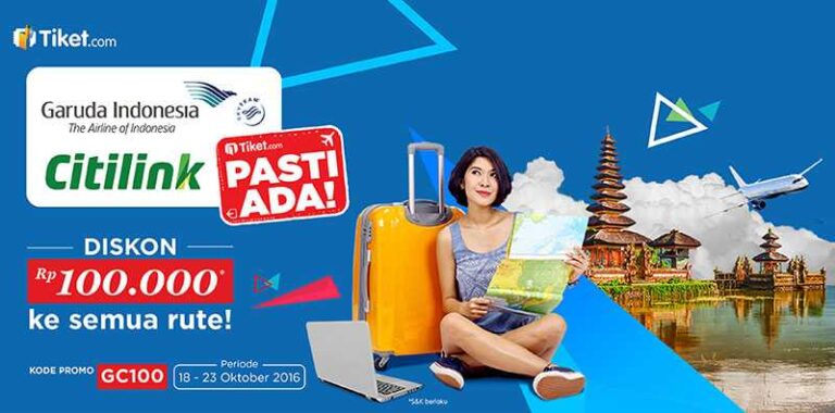 Promo tiket.com Garuda Indonesia dapatkan diskon hingga Rp 100.000 pesan di tiket.com periode hingga 23 Oktober 2016.