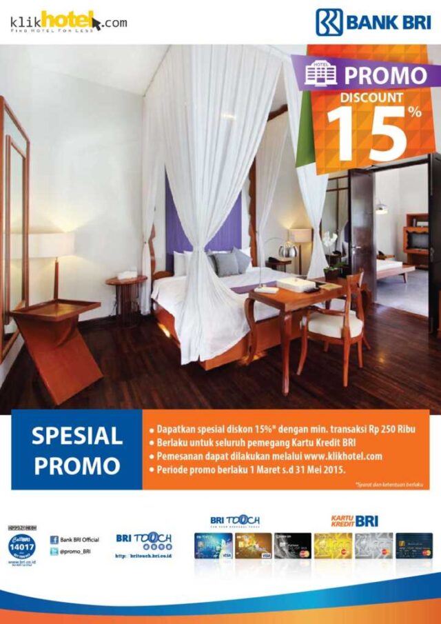 Promo Hotel Kartu kRedit BRI Klikhotel dapatkan diskon 15% pesan secara online