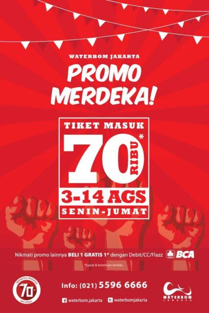 Dalam rangka memperingati hari kemerdekaan RI yang 70 Waterbom Jakarta memberikan harga spesial tiket masuk Hanya Rp 70.000 berlaku untuk anak maupun dewasa
