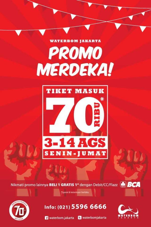 Dalam rangka memperingati hari kemerdekaan RI yang 70 Waterbom Jakarta memberikan harga spesial tiket masuk Hanya Rp 70.000 berlaku untuk anak maupun dewasa