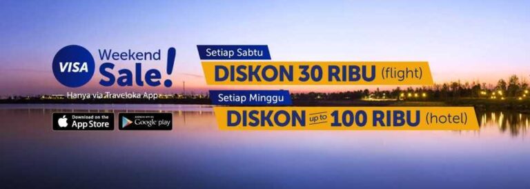 Nikmati diskon hingga Rp 100k pemesanan hotel dan tiket pesawat di traveloka, gunakan aplikasi traveloka untuk memesan selama weekend sale dan gunakan kartu kredit berlogo visa untuk pembayaran.