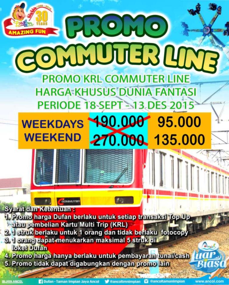 Khusus penumpang KRL bisa mendapatkan promo tiket masuk dufan diskon 50%. Dengan menggunakan struk pembelian top up saldo atau pembelian kartu multi trip KRL Commuter Line