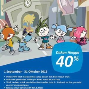 Promo KidZania Jakarta Kartu Kredit dan Flazz BCA diskon tiket masuk hingga 40% untuk orang tua dan Anak-anak diskon 25%.