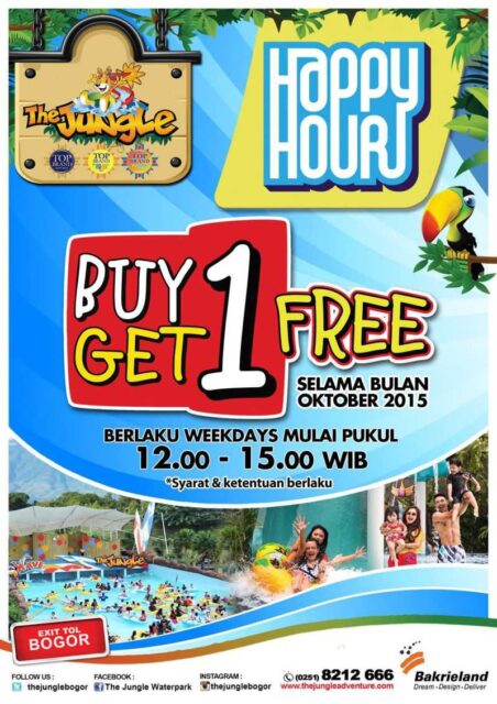 Promo Jungle Waterpark BNR Bogor selama Bulan Oktober 2015, kamu bisa menikmati benefit Buy 1 Get 1 Free Tiket Masuk.