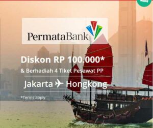 Promo tiket pesawat kartu kredit Permata di Via.id diskon Rp 100.000 plus bisa memenangkan 4 tiket PP Jakarta Hongkong.