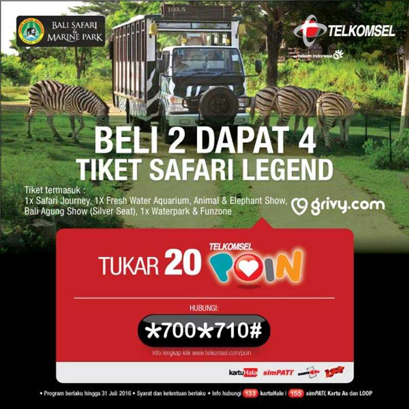 Bali Safari Promo Telkomsel Poin Buy 2 Get 4 dengan menukar 20 poin Telkomsel di *700*710#