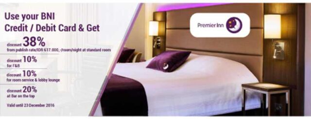 Promo hotel kartu kredit BNI Yogyakarta di Premier Inn Satoria Yogyakarta diskon harga kamar per malam hingga 38%.