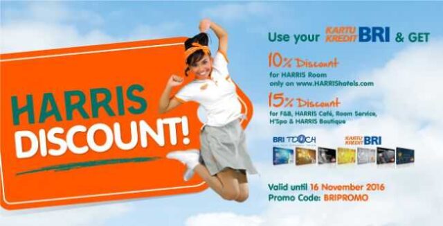 Diskon 10% kartu kredit BRI di Harris Hotel mana saja.