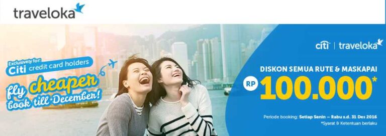 Promo Tiket pesawat traveloka diskon Rp 100.000 gunakan kartu kredit Citi berlogo Visa.