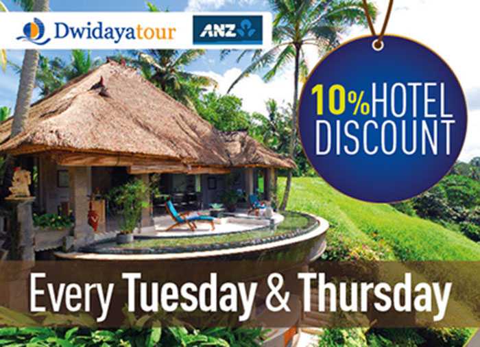 Nikmati potongan harga hotel 10% dari Dwidaya Tour menggunakan kartu kredit ANZ.