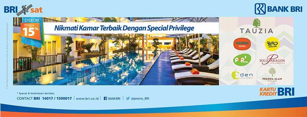 Promo Hotel kartu kredit BRI di Jaringan Hotel Tauzia seperti Harris Hotel, Yellow Hotel, Pop Hotel.