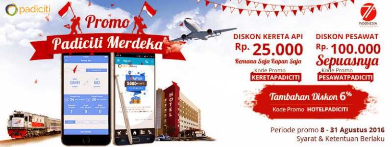 Promo Merdeka diskon hotel, tiket pesawat, dan tiket kereta lakukan pemesanan di Padiciti.