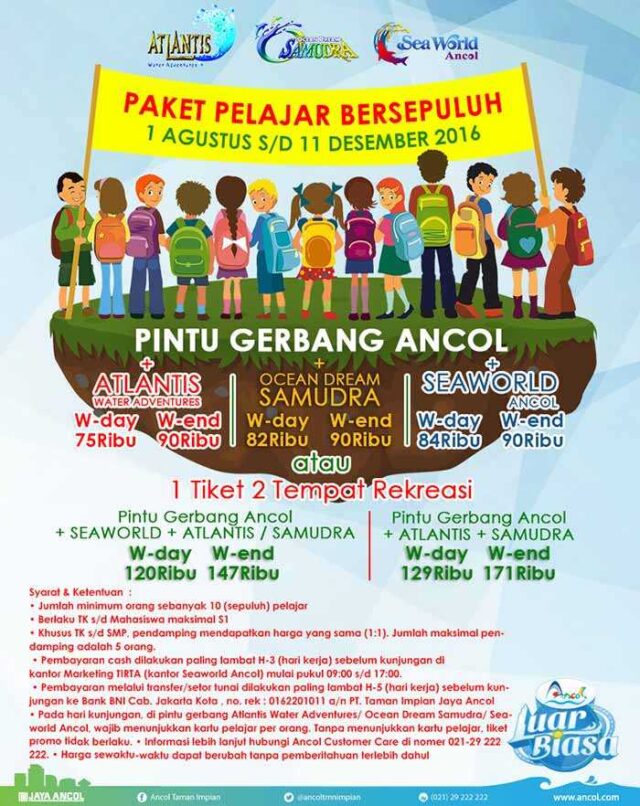 Promo Tiket Masuk Rombongan Pelajar Ancol khusus paket 2 tempat rekreasi.