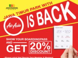 Promo Jatim Park Gunakan Boarding Pass Garuda, Air Asia, atau Citilink dapatkan diskon tiket masuk hingga 20%. Periode hingga 31 Desember 2016.