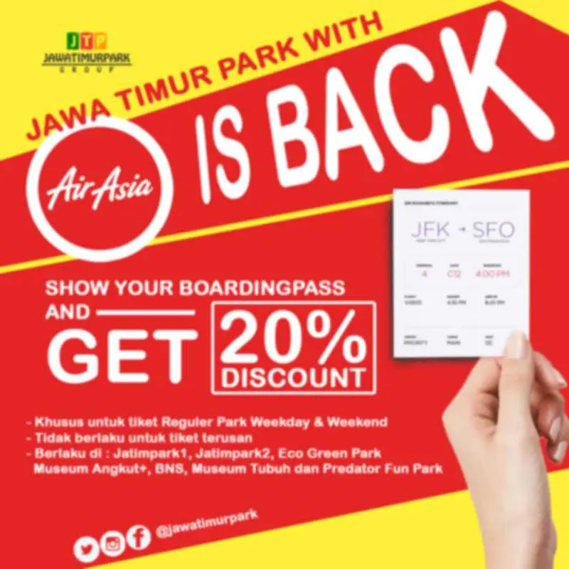 Promo Jatim Park Gunakan Boarding Pass Garuda, Air Asia, atau Citilink dapatkan diskon tiket masuk hingga 20%. Periode hingga 31 Desember 2016.