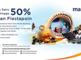 Promo Mandiri Fiesta Poin Trans Studio Bandung diskon tiket masuk hingga 50% periode hingga 31 Oktober 2016.