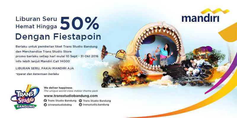 Promo Mandiri Fiesta Poin Trans Studio Bandung diskon tiket masuk hingga 50% periode hingga 31 Oktober 2016.