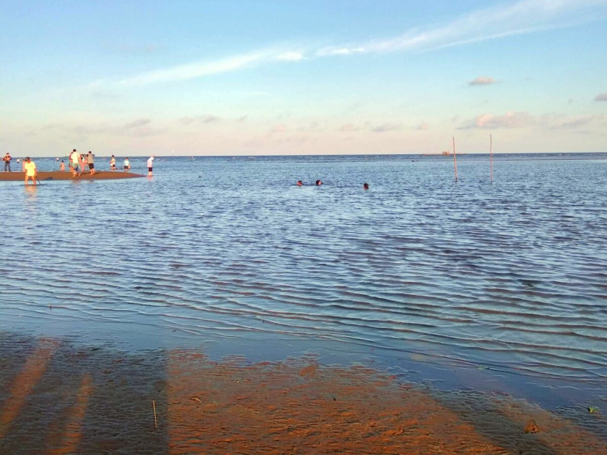 wisatawan sedang bermain dan berenang di tepi pantai kenyamukan