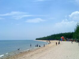 garis pantai pasir putih yang panjang di pantai remen