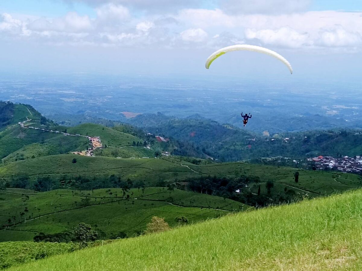 terbang paralayang di atas perbukitan hijau