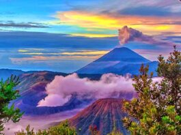 Sinar matahari pagi keemasan di Gunung Bromo