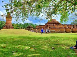 area sekitar candi muara takus terlihat rapi dengan rerumputan hijau