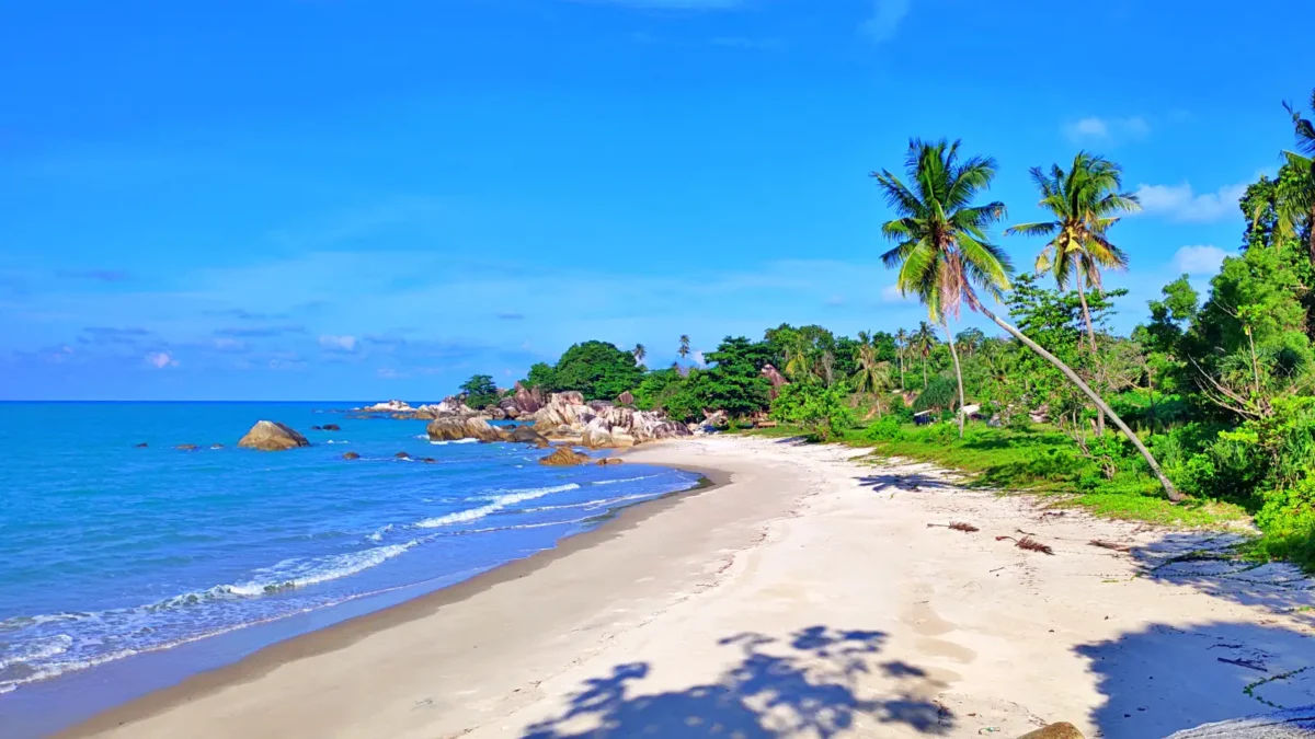 Area tepi Pantai Matras berpasir putih dengan batu karang dan pepohonan hijau