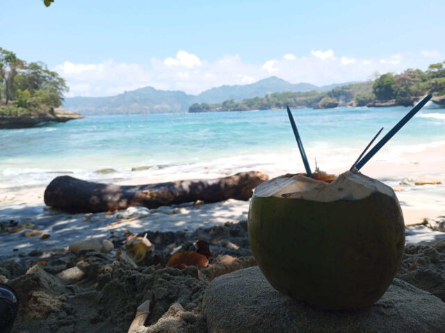 minum air kelapa di tepi Pantai Coro Tulungagung
