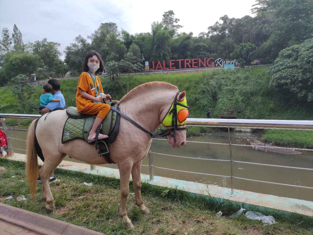 Pengunjung sedang menaiki wahana kuda tunggang di tempat wisata Jaletreng Riverpark